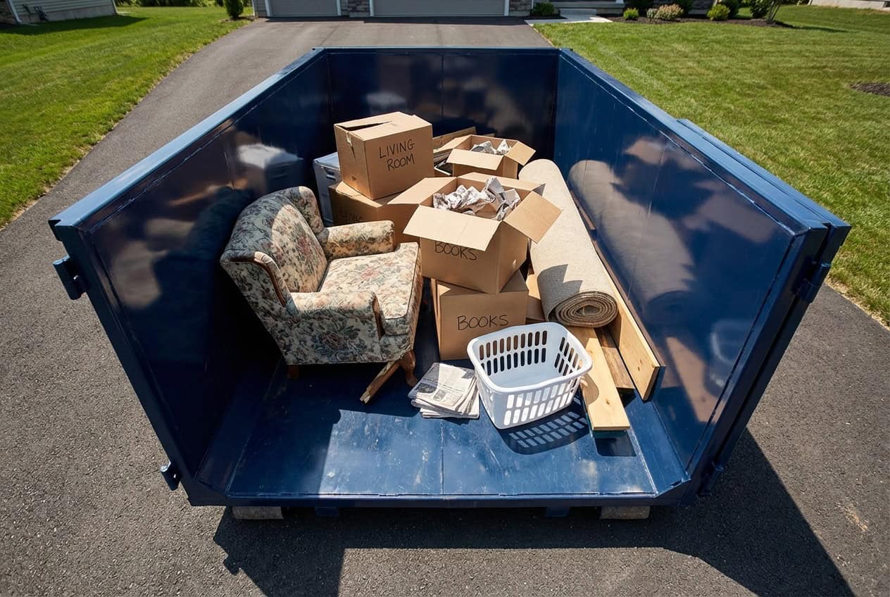 Homeowner loading boxes and household items into a 20 yard dumpster on a residential driveway