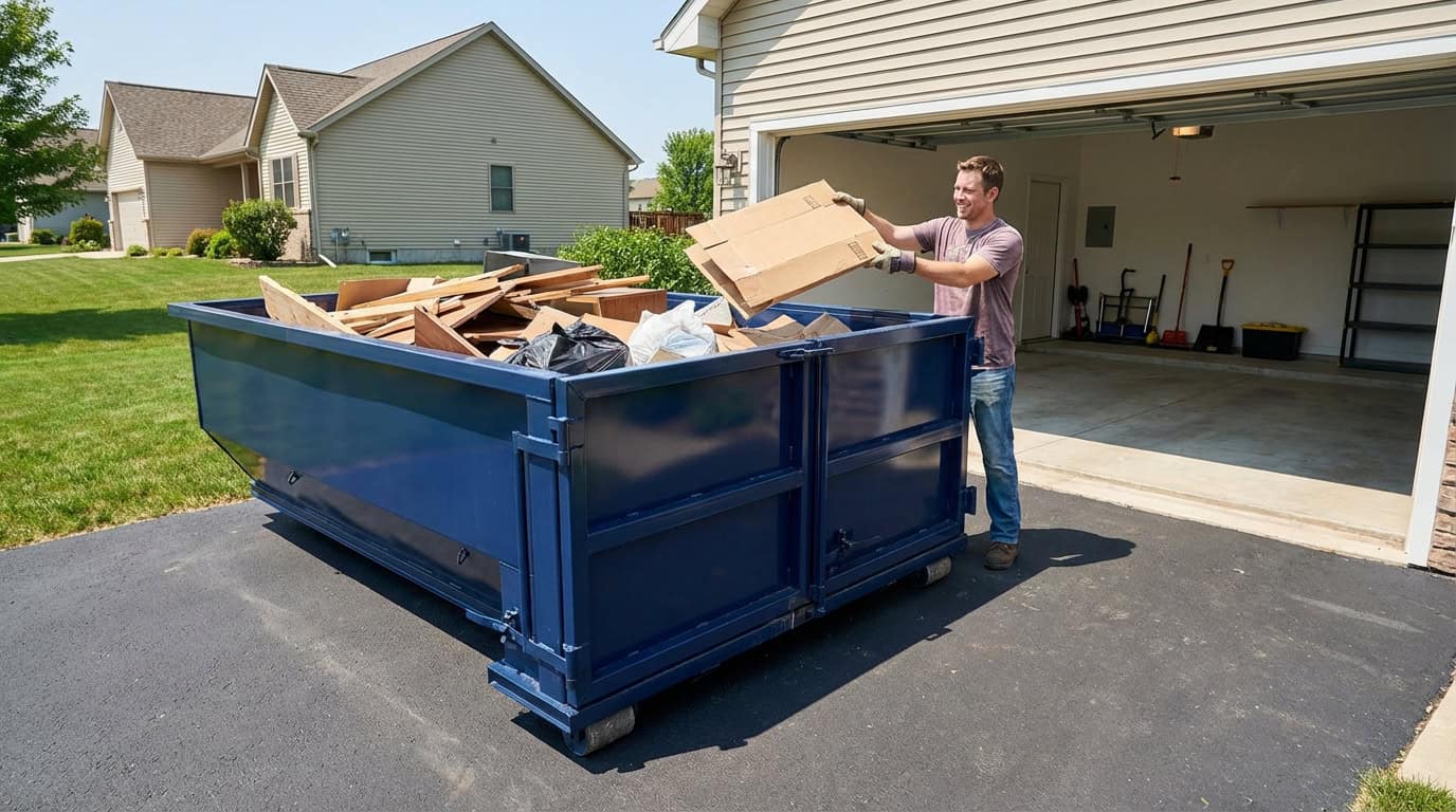 Homeowner loading debris into a 20 yard navy blue roll-off dumpster during a garage cleanout