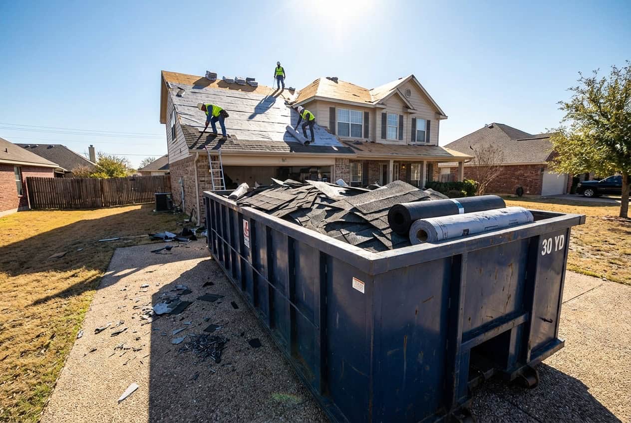 Contractor tossing renovation debris including cabinets and flooring into a 30 yard dumpster