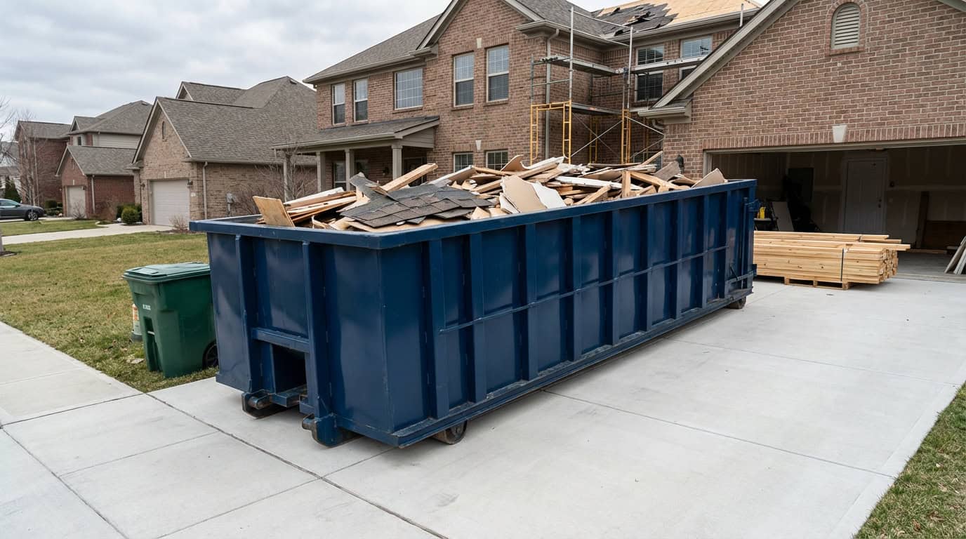 Navy blue 30 yard roll-off dumpster filled with renovation debris at a residential remodel