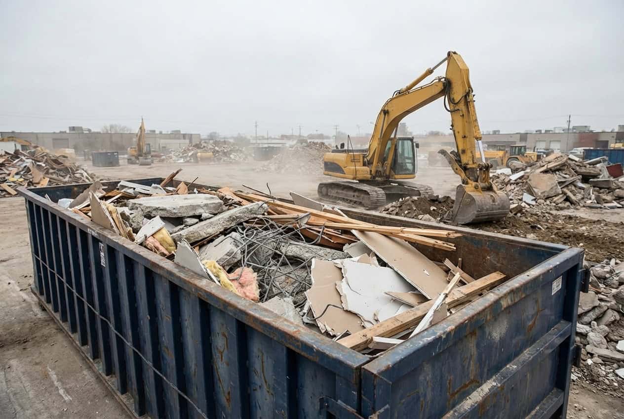 Large green dumpster at an active demolition site with construction crew in hard hats