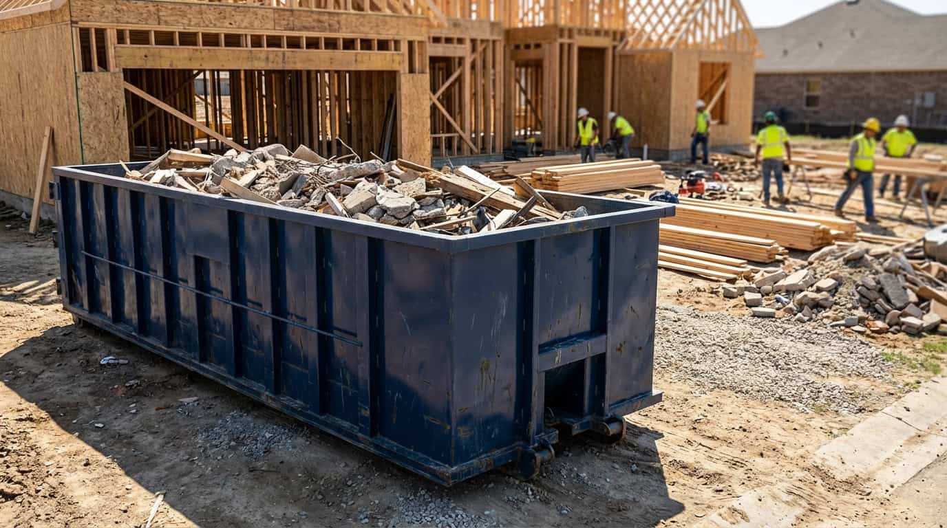 Large navy blue 40 yard roll-off dumpster at a new home construction site with crew