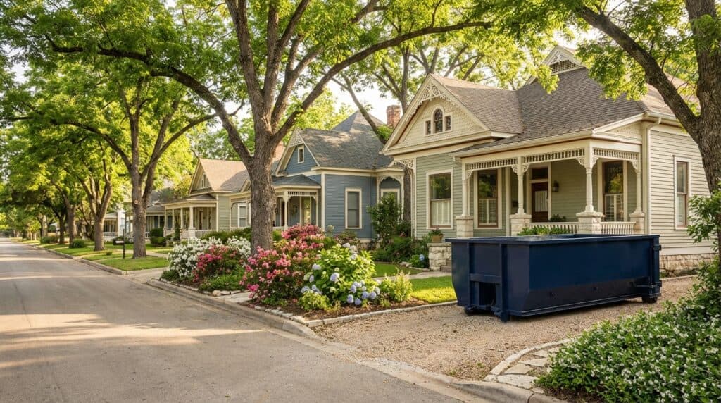 Navy blue roll-off dumpster beside a historic limestone home in Georgetown, Texas