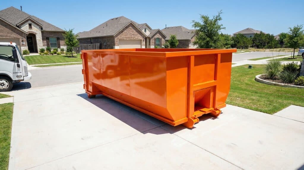 Large orange dumpster for residential waste removal on driveway.