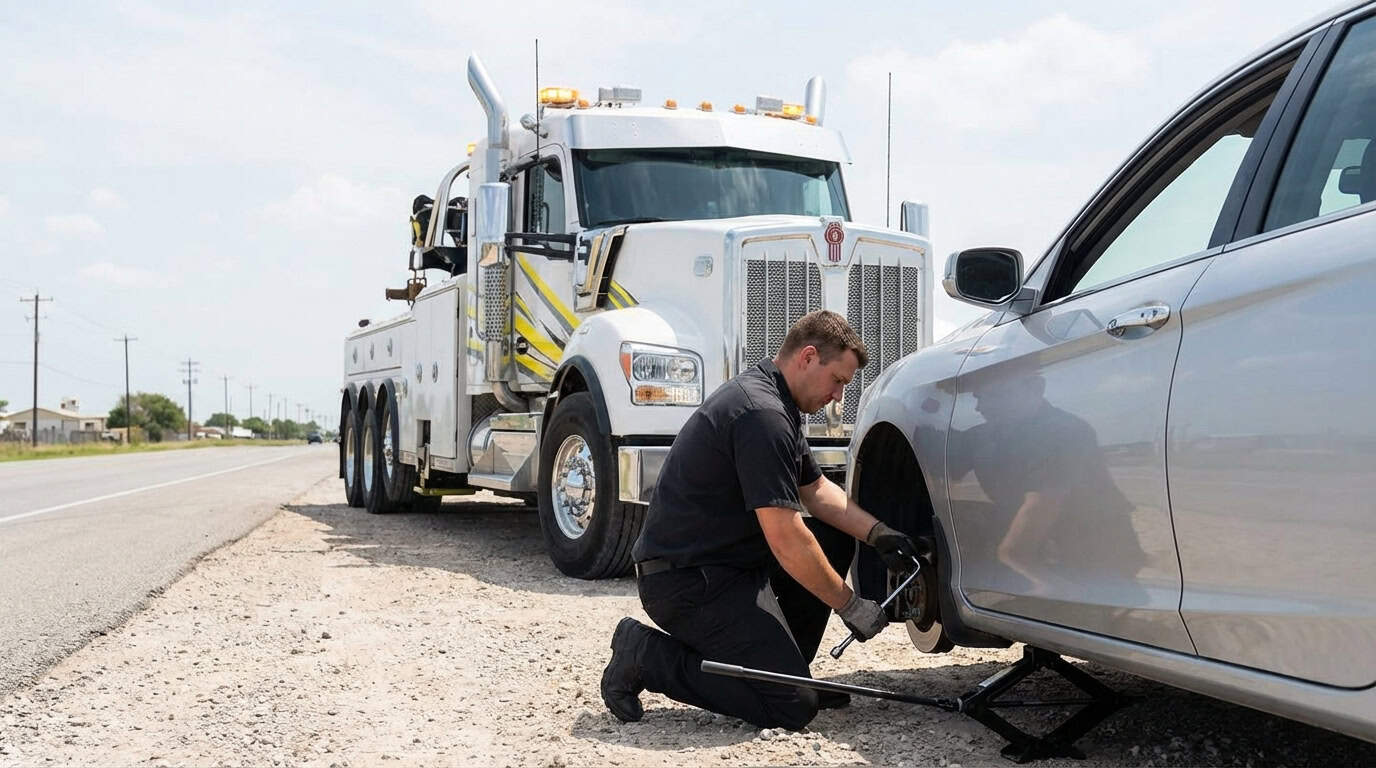 Roadside technician changing a flat tire on a Texas highway