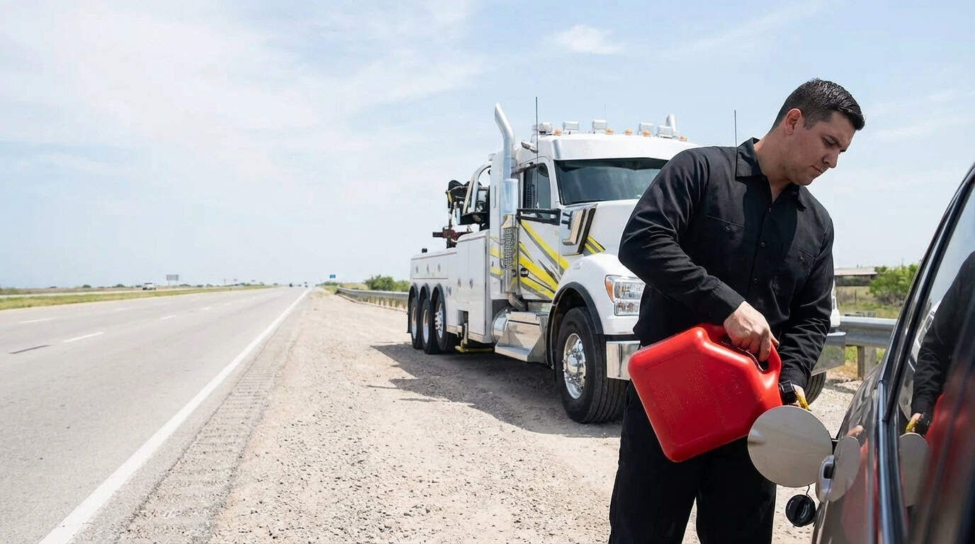 Roadside technician delivering fuel to a stranded vehicle