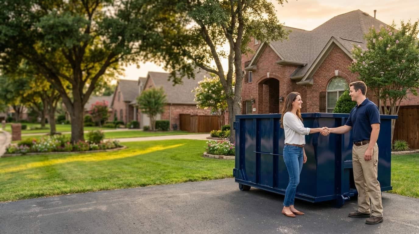 Homeowner shaking hands with dumpster rental driver next to a navy blue roll-off dumpster in a Central Texas neighborhood