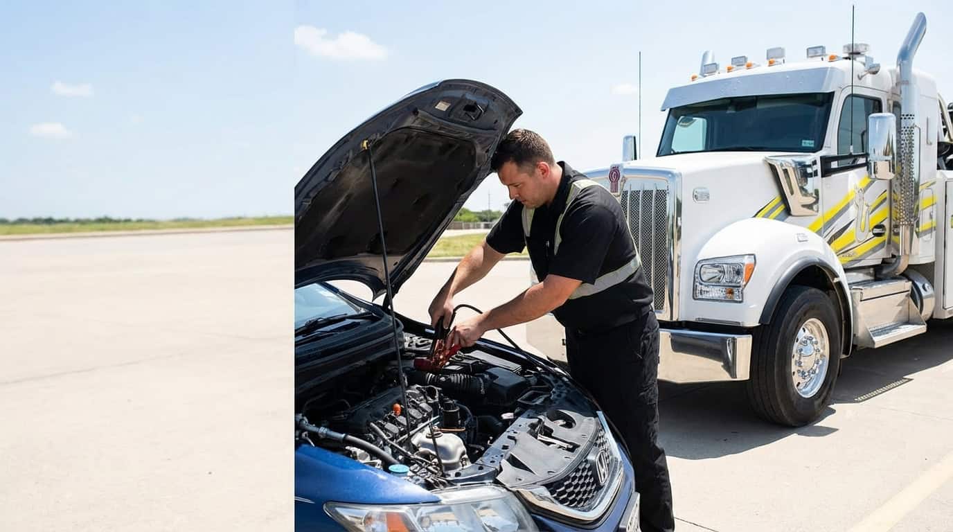 Roadside technician jump starting a car battery
