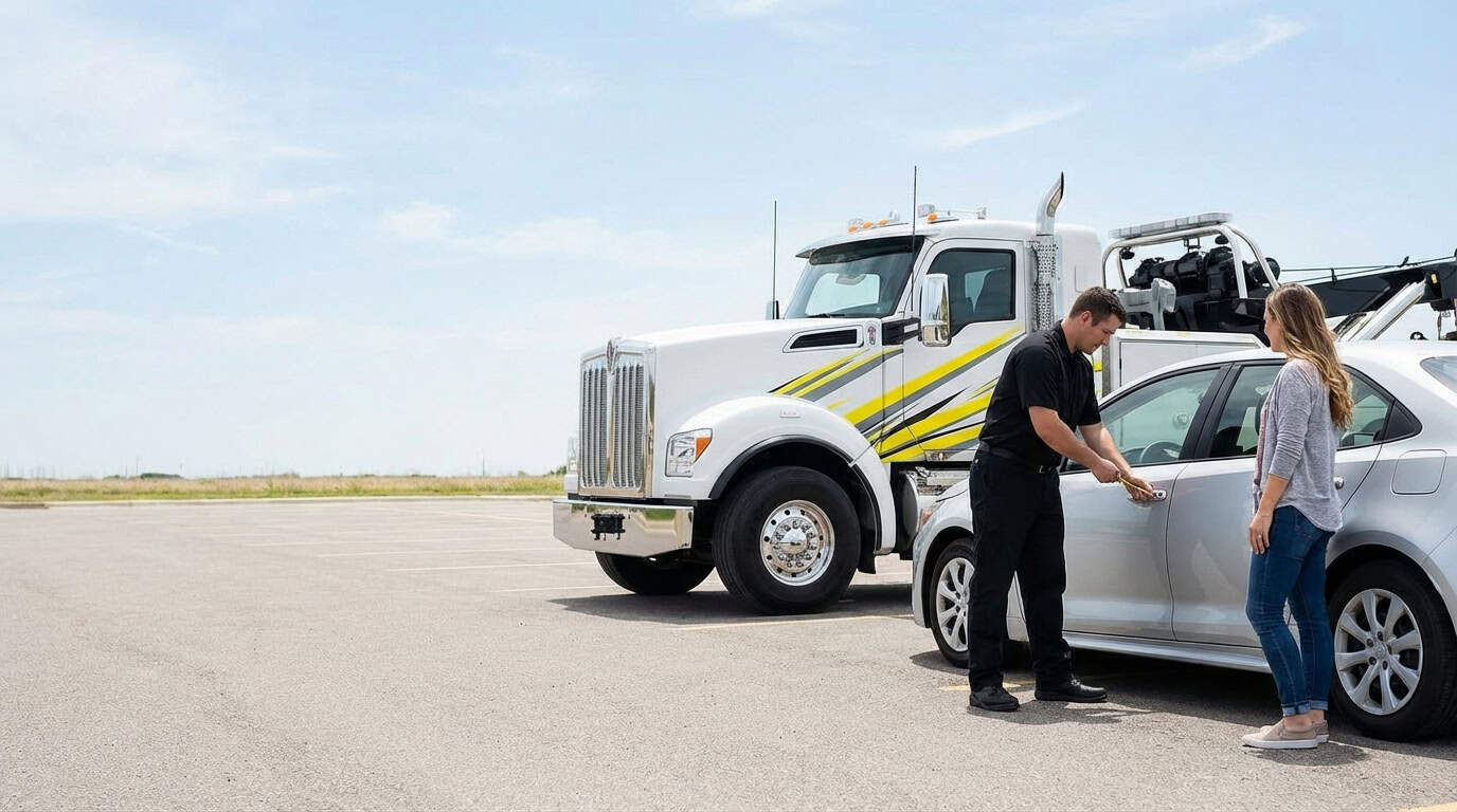 Roadside technician unlocking a car door for a stranded driver