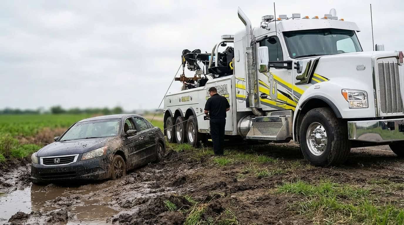 Tow truck winching a vehicle out of a ditch